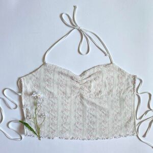 White floral halter crop top